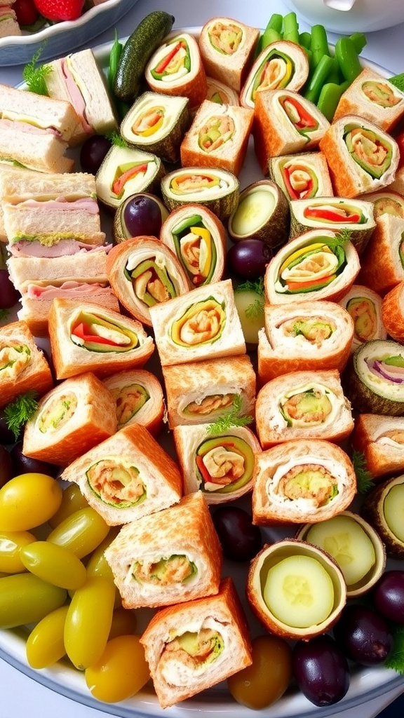 A colorful assortment of sandwiches on a platter, including turkey, veggie wraps, and cucumber sandwiches.